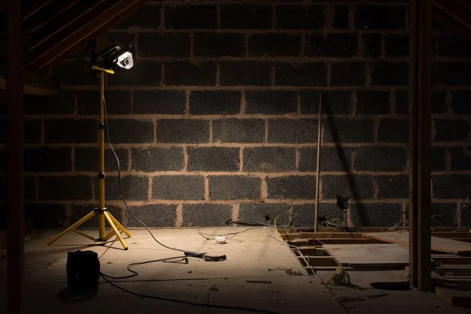 A dimly lit attic space under renovation with a construction lamp illuminating the scene.